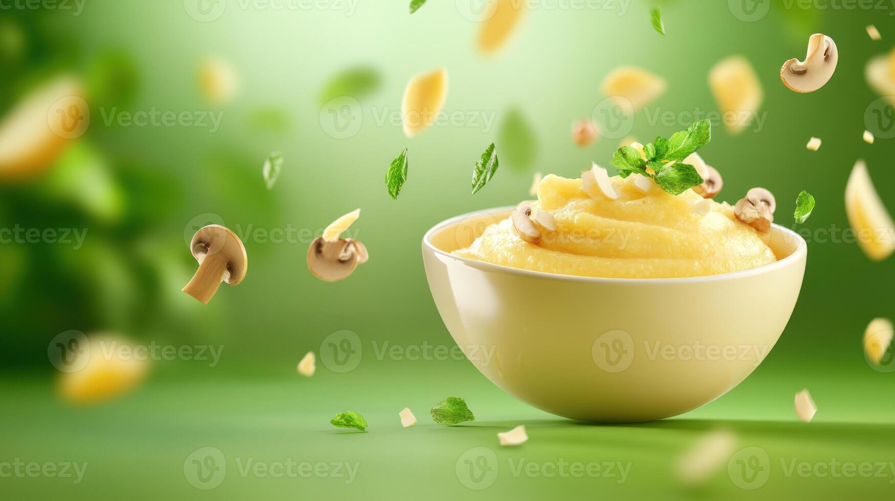 Delicious polenta with mushrooms falling, herbs in a bowl, green background, use in food magazine photo