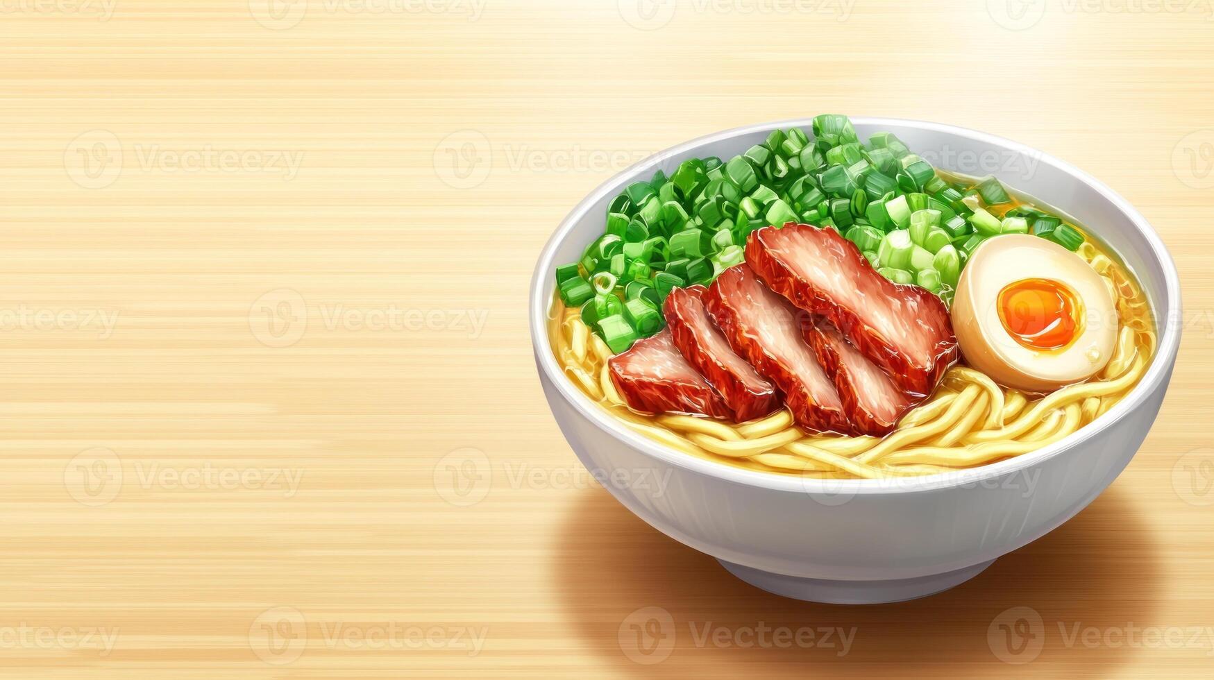 Delicious ramen bowl noodles, meat, egg, onion. Lunch or dinner food. Wood background photo