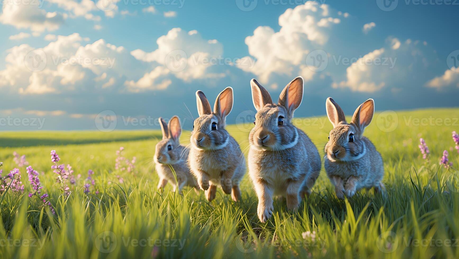 Rabbits Running in Green Meadow Under a Bright Blue Sky photo