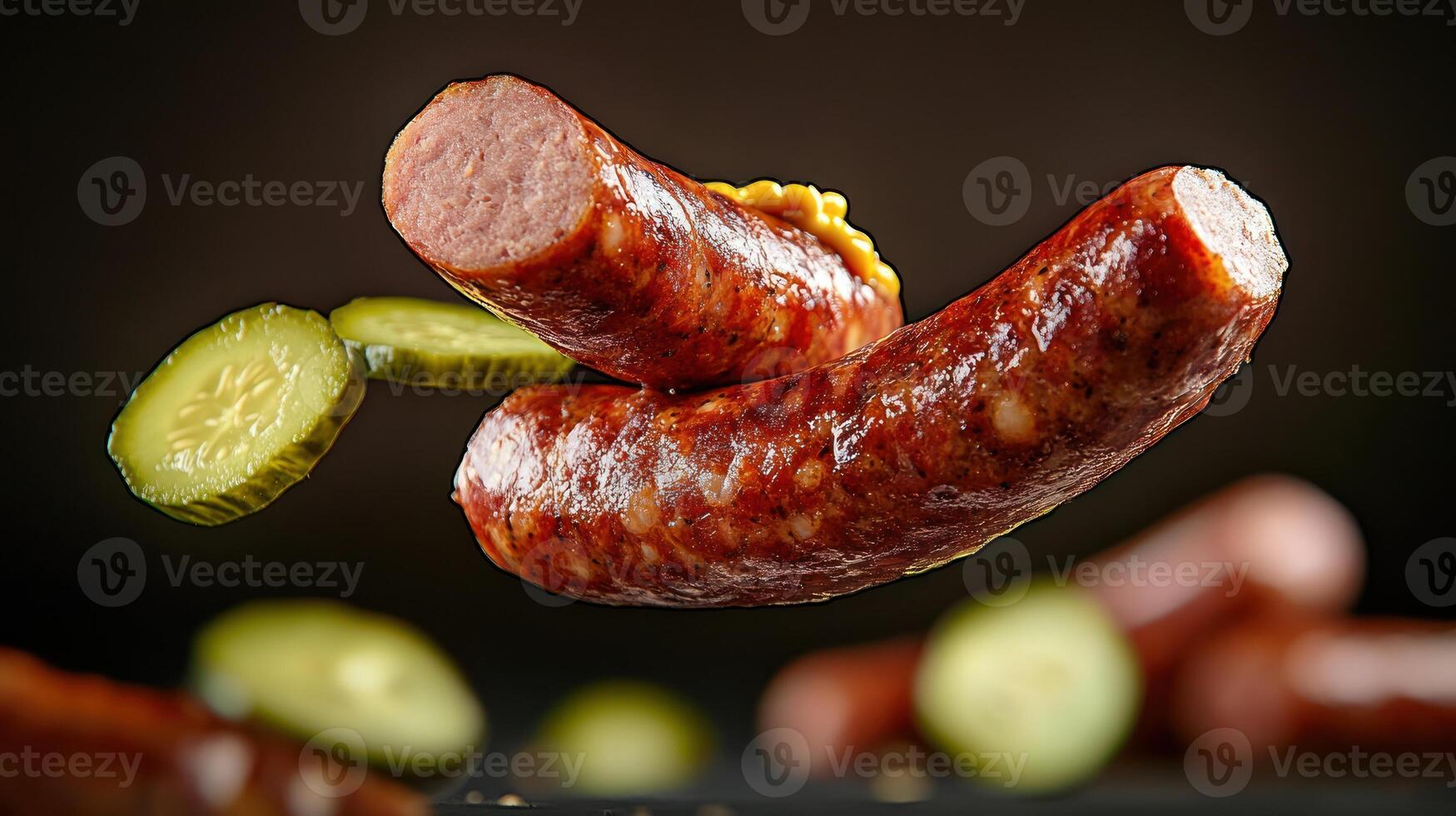 Delicious sausage with pickle relish floating against a blurred background. Recipe ad photo
