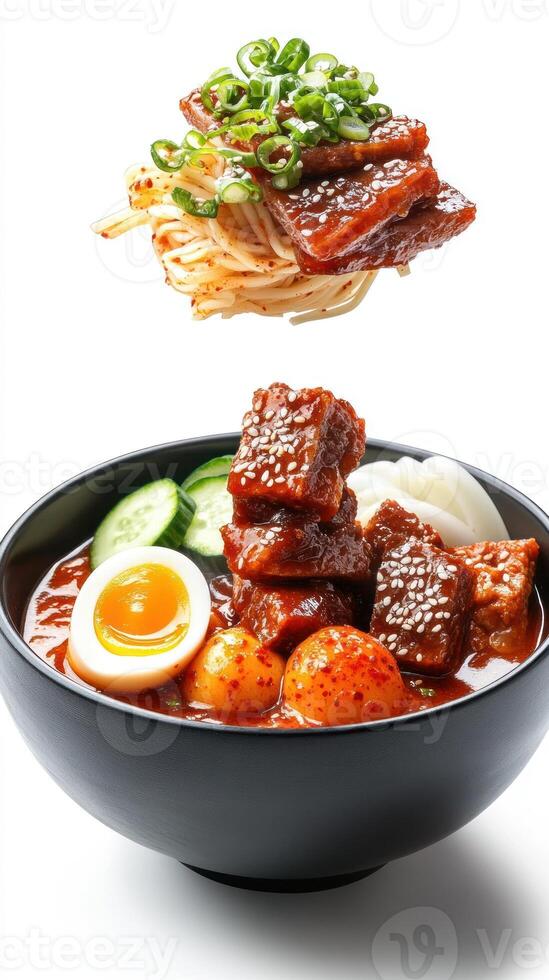 Delicious spicy noodle soup with egg vegetables. For restaurant menu or food blog photo