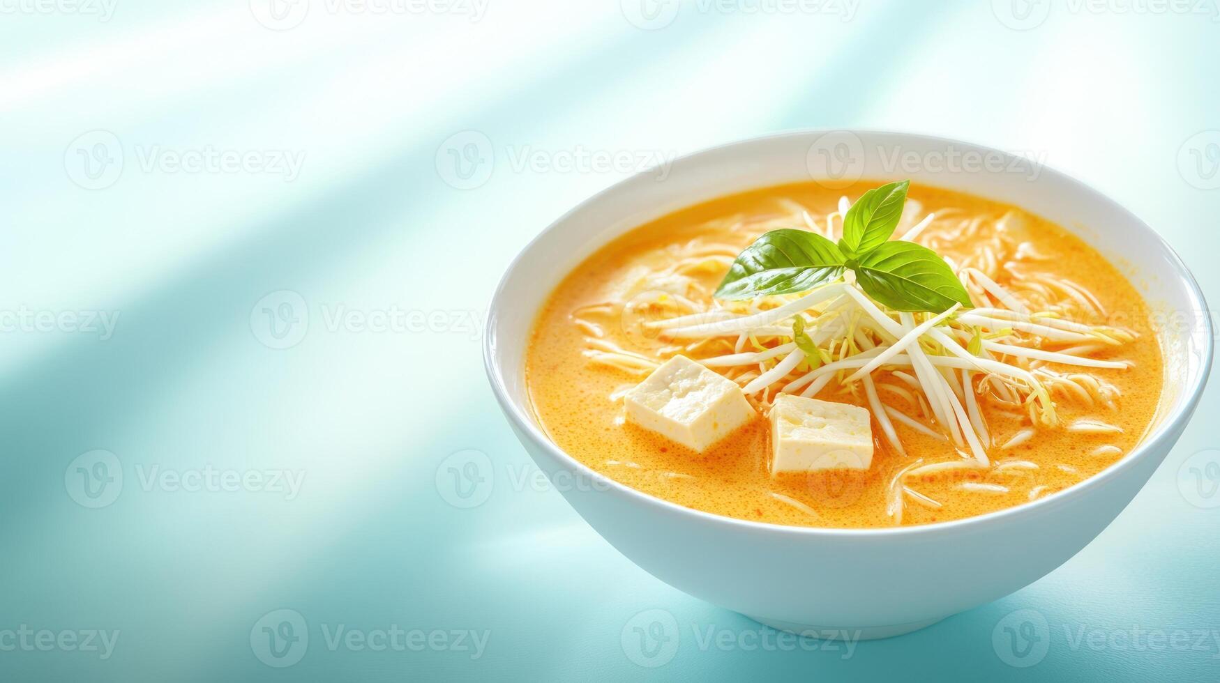Delicious soup bowl with tofu and sprouts, bright background, culinary uses, appetizing food photo