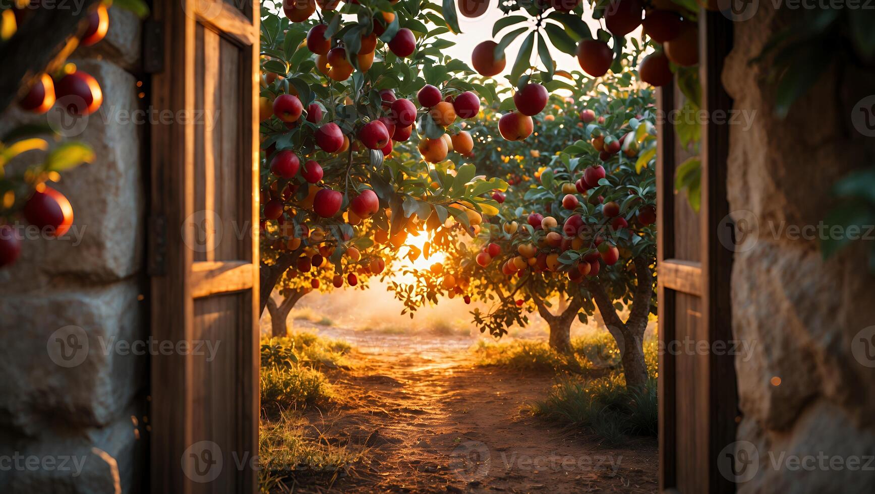 Fruit Orchard Seen Through Open Doorway at Golden Hour Sunset photo