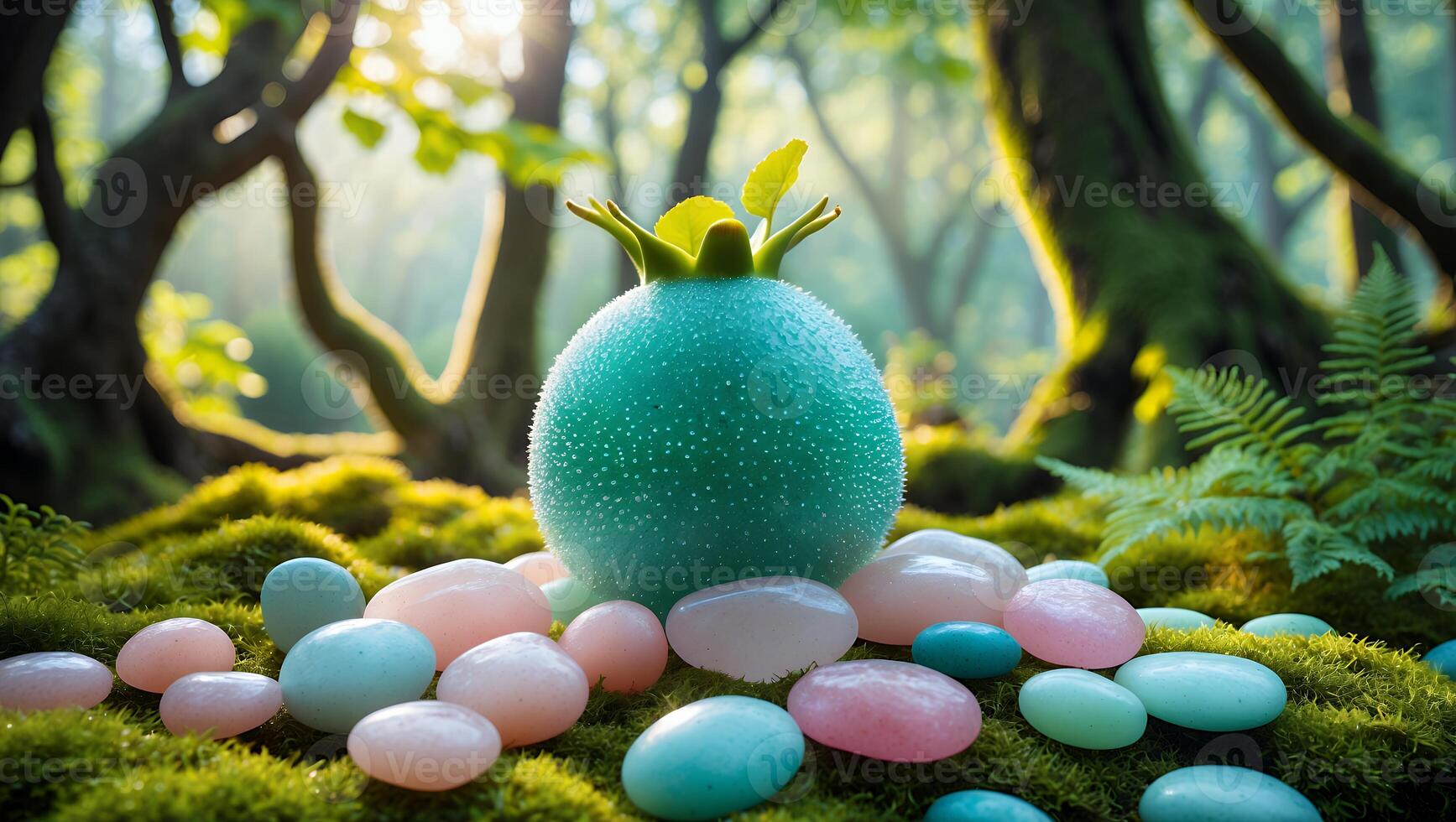 Orb Surrounded by Stones on Moss in a Tranquil Forest Setting photo