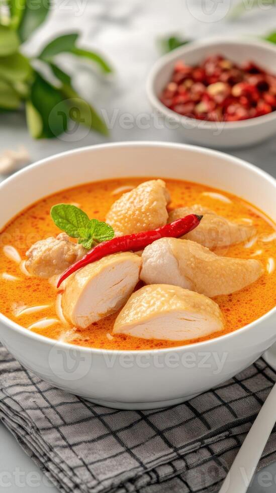 Delicious Tom Yum noodle soup with chicken pepper. Food blog or menu photo
