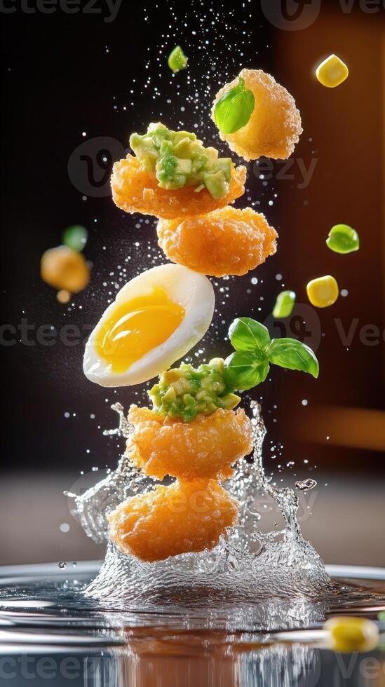 Delicious tower with eggs, toppings, corn and green leaves. Dynamic presentation for food advertising photo
