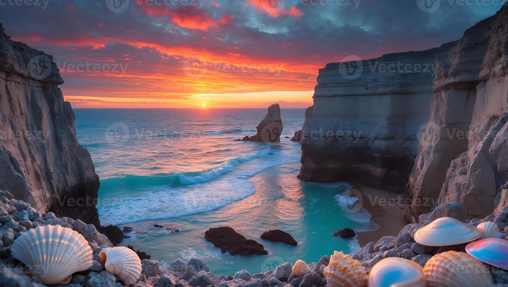 Ocean Cliff Landscape at Sunset with Seashells and Colorful Sky photo