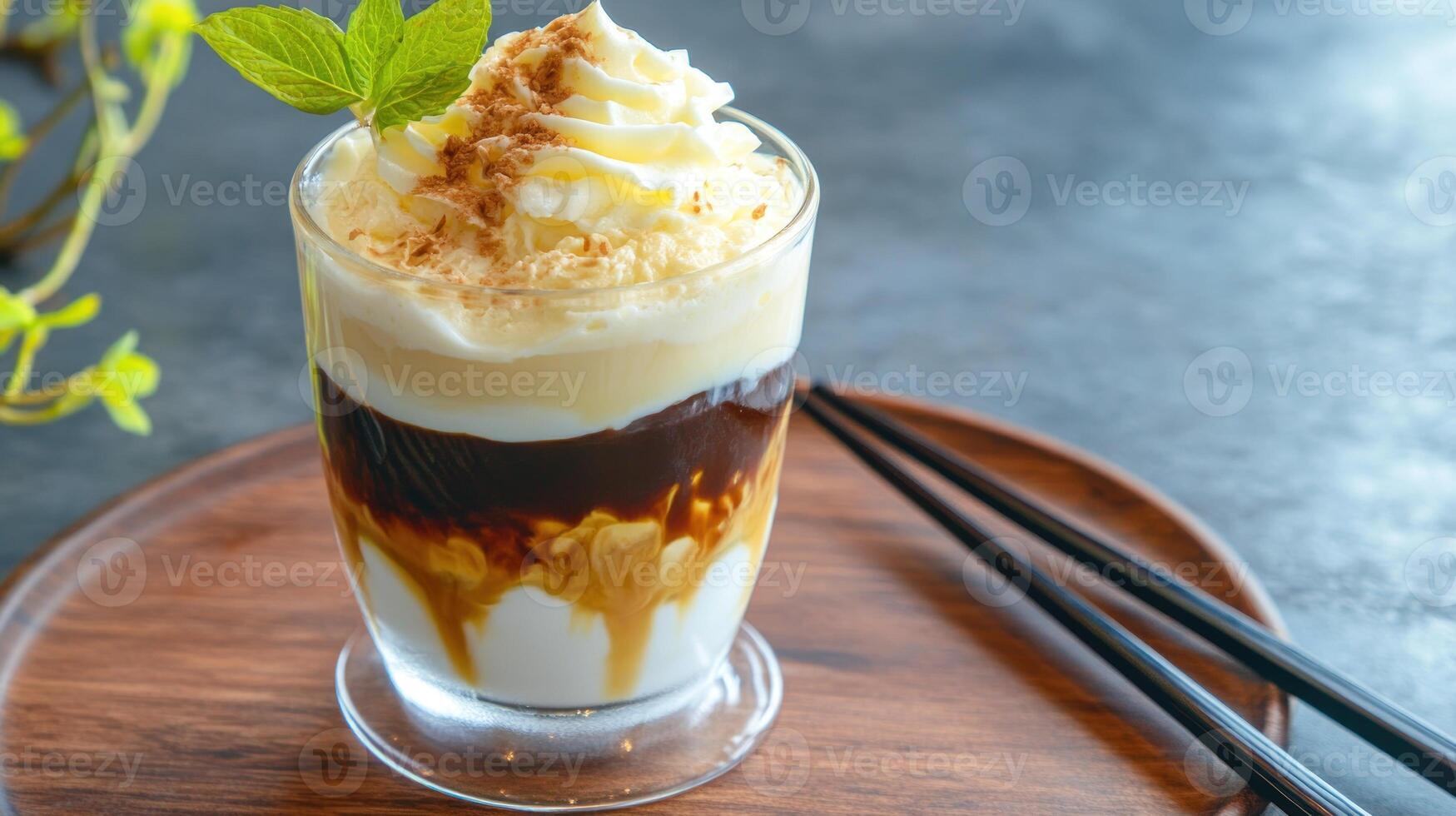 Dessert drink layered on wooden tray with garnish spring blooms on wall in cafe or kitchen photo