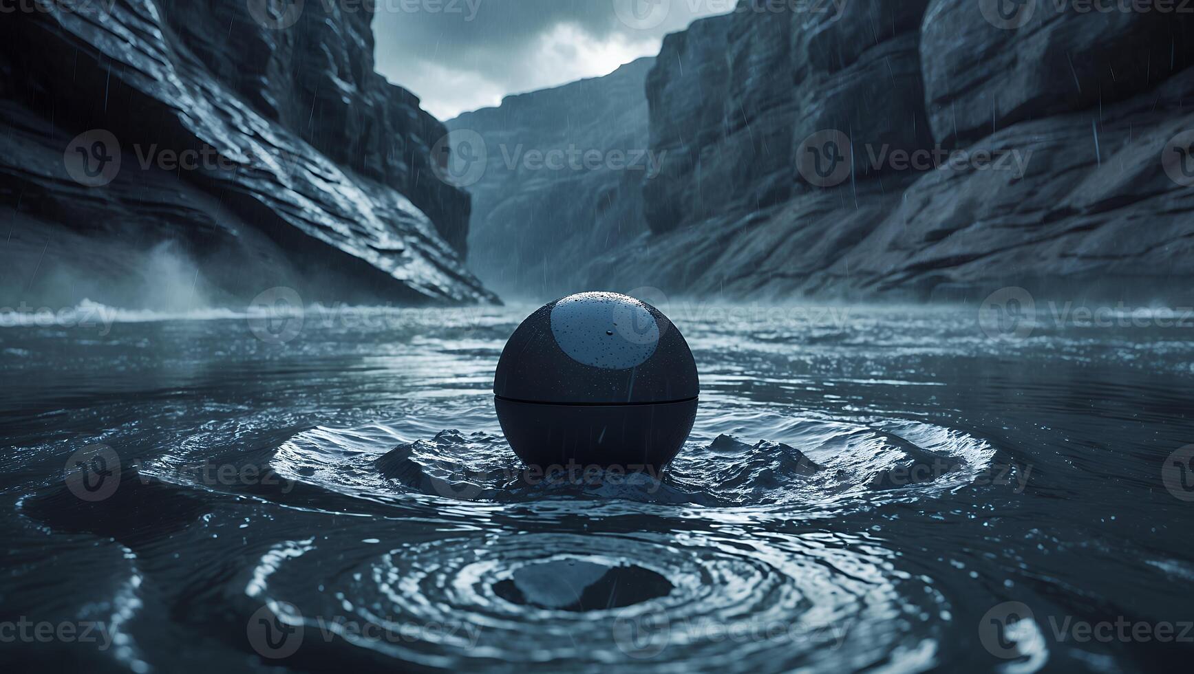 Floating Sphere in River Canyon During Rain Creates Ripples photo