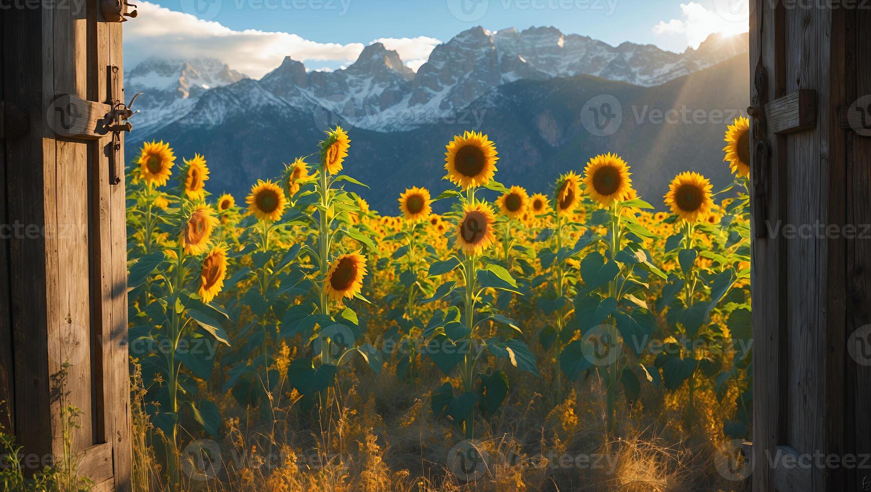 Sunflower Field and Mountain View Through Rustic Open Wooden Door photo