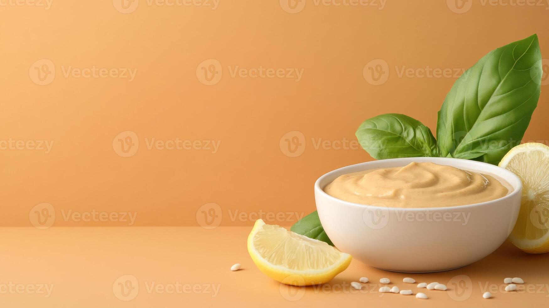 Dip served with lemon, basil. Food backdrop for blog, cookbook, recipe ideas photo