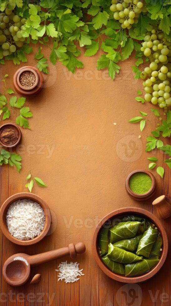 Dolma with grapes and herbs on a wooden surface. Recipe for cooking. Copy space. Food product ad photo