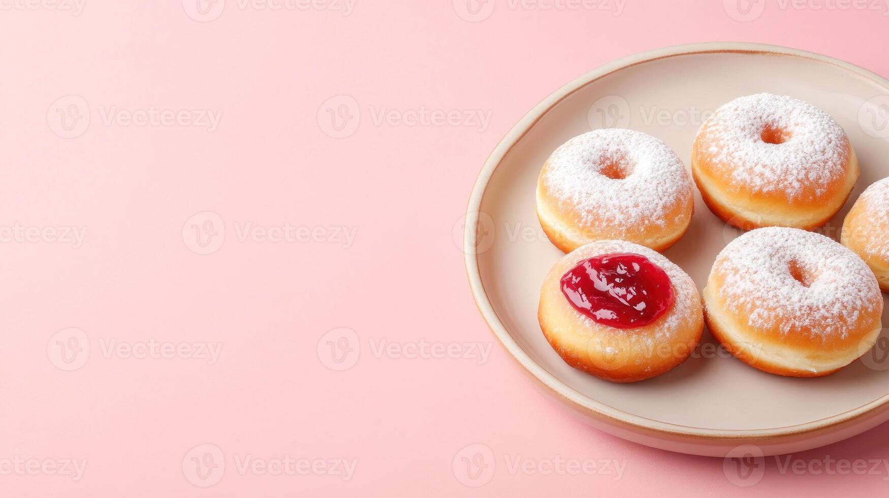 Donuts with red jam and powdered sugar on plate on pink backdrop for dessert menu ad photo