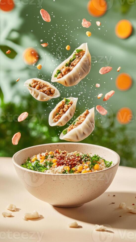 Dumplings falling into a bowl of cereal with garnish in a bright, sunny, modern scene photo