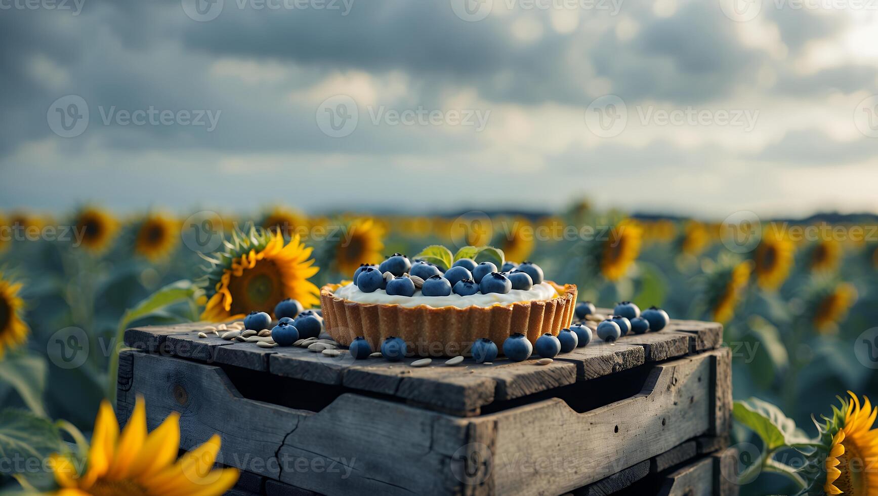 Blueberry Tart Sitting on Wooden Crate in Sunflower Field photo