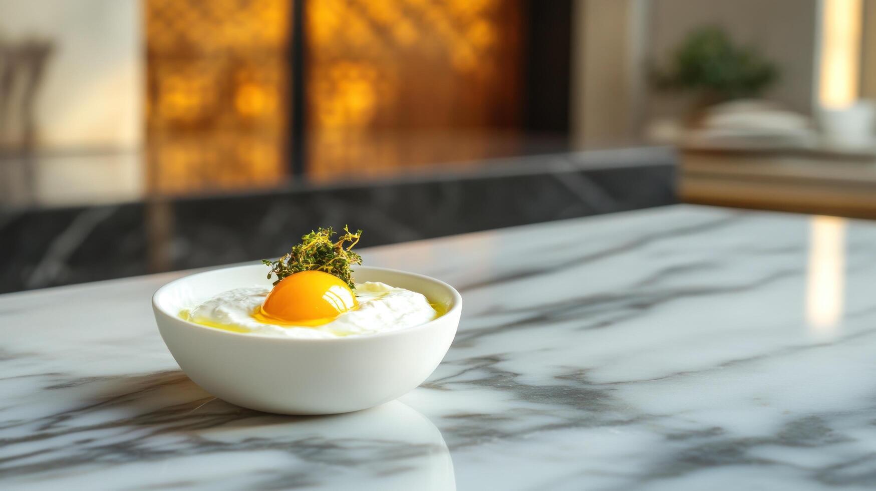 Egg yolk over yogurt on marble table Restaurant background, for food content photo
