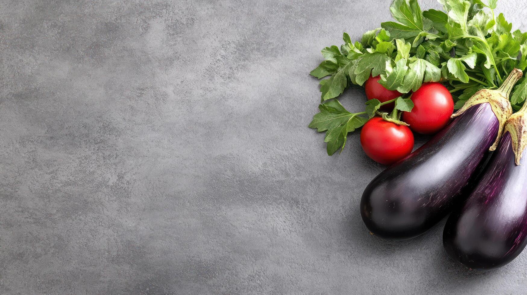Eggplants and tomatoes with parsley on gray for food photography and cooking background use photo