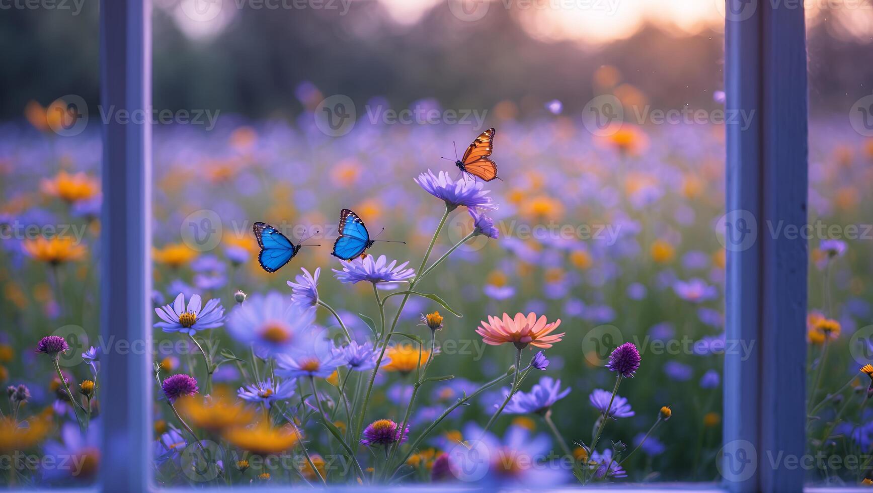 Butterflies in Flower Field Seen Through a Window Frame Outdoors photo