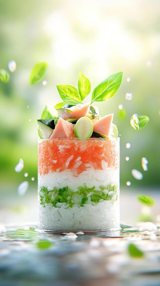 Elegant food presentation. Layers of colorful rice, salmon basil in the sunlight. Use Restaurant menu photo