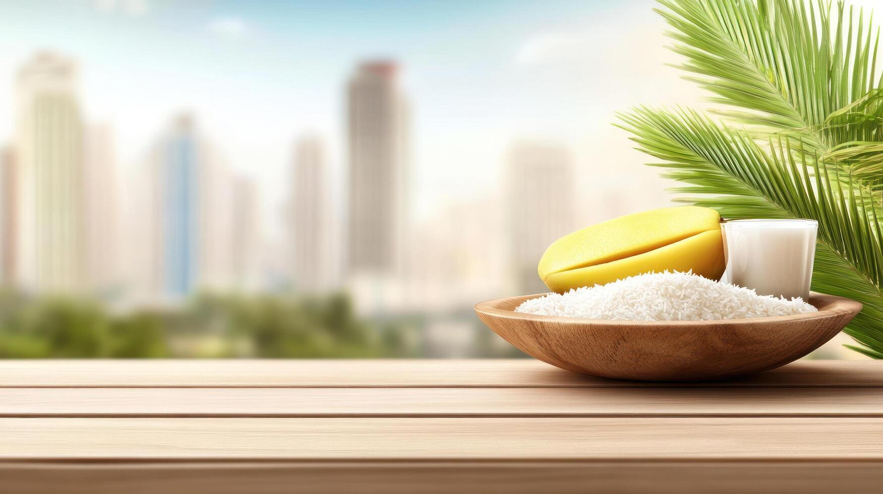 Exotic spa treatment in a city relaxation products on a table against buildings backdrop for wellness photo