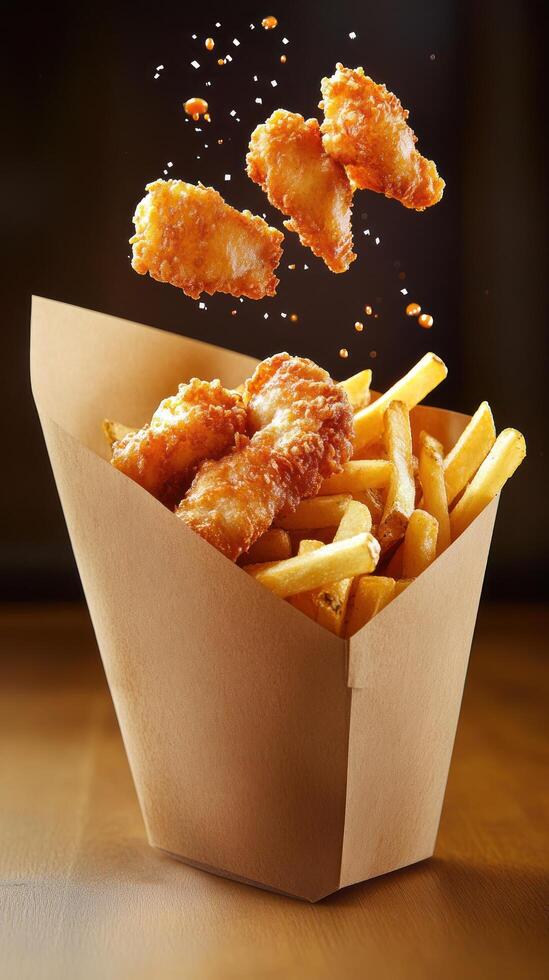 Fish chips in carton on table. Fried food floats mid-air against dark backdrop, for restaurant menu photo