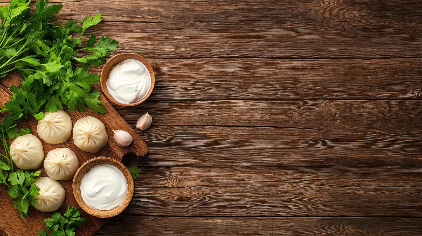 Dumplings with sour cream and parsley on wooden board. Culinary shot for menucookbook photo