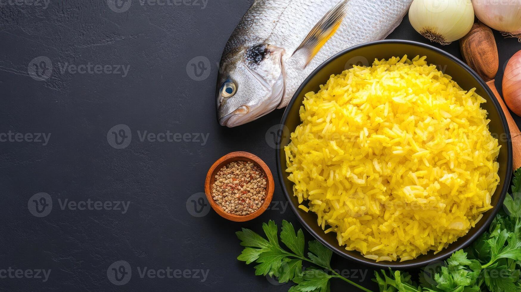Fish and rice dish with condiments. Possible use recipe photo