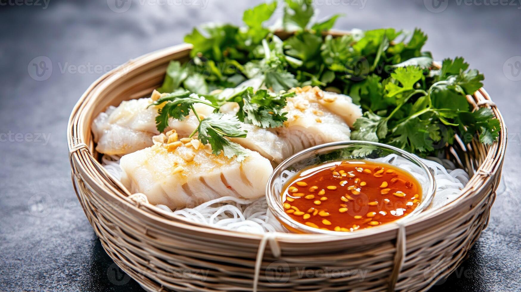 Fish dumplings w sauce and greens in steamer, served as appetizer or entree photo