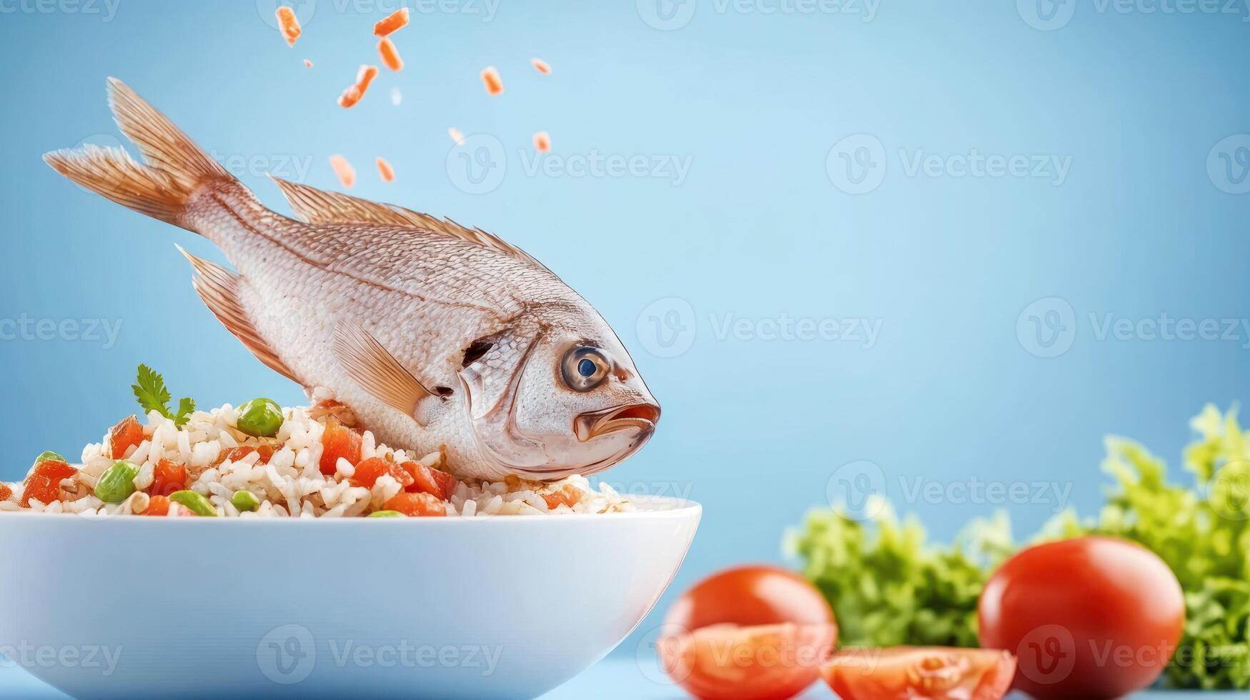 Fish on rice and vegetables bowl ingredients floating on blue background food presentation photo