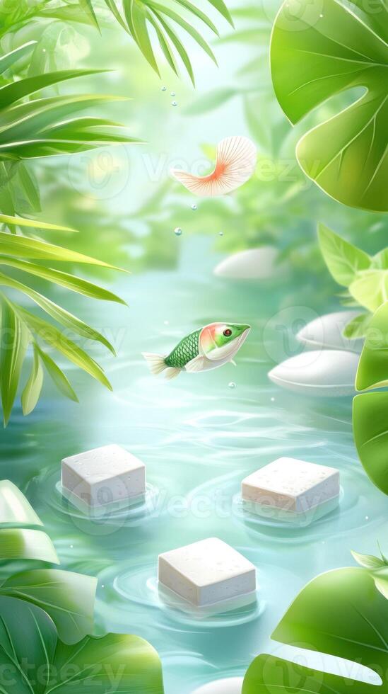 Fish swims in garden pond with leaf falling and tofu peaceful, vibrant serene use photo