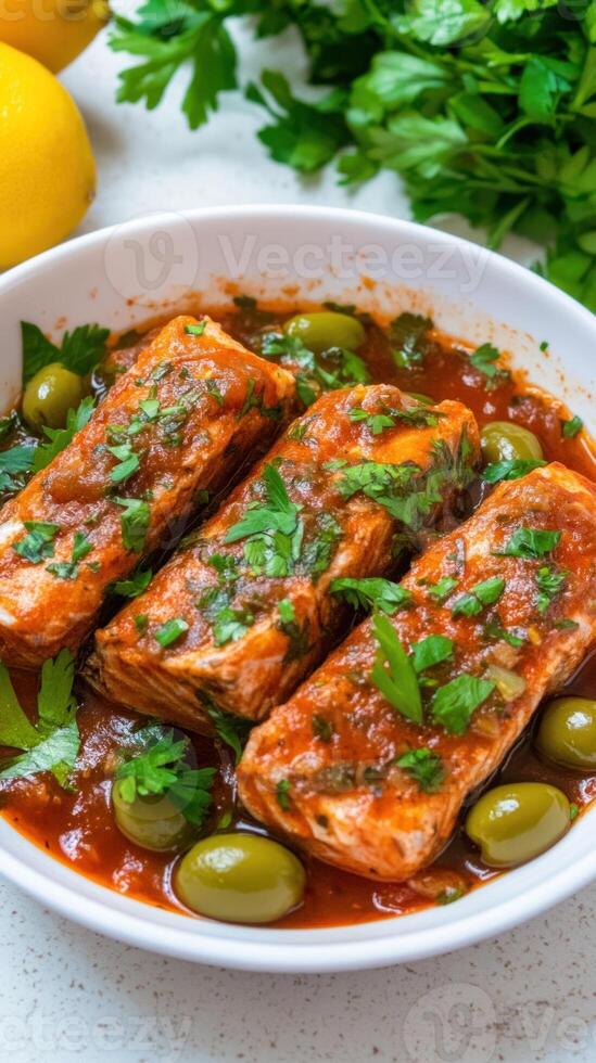 Fish with tomato sauce, olives, and herbs in a bowl, with garnish. Food photography photo