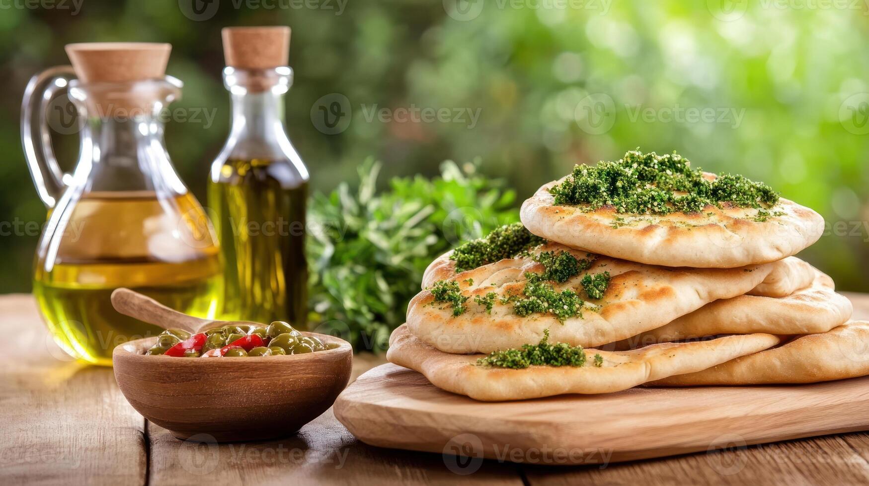 Flatbread topped w green sauce on table w olive oil, parsley, and bokeh for a healthy snack photo