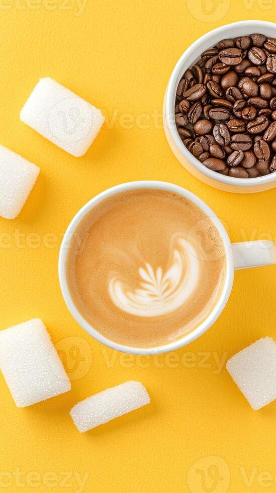 Flat lay of coffee latte art with sugar cubes, coffee beans, on yellow background. Possible food ad photo