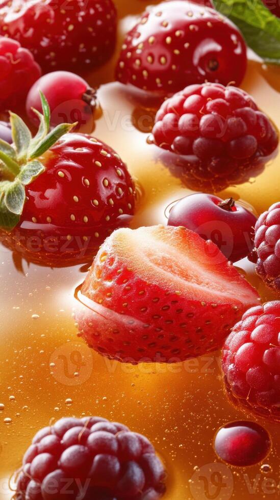 Fresh berries in honey. A breakfast recipe background for healthy eating and desserts photo