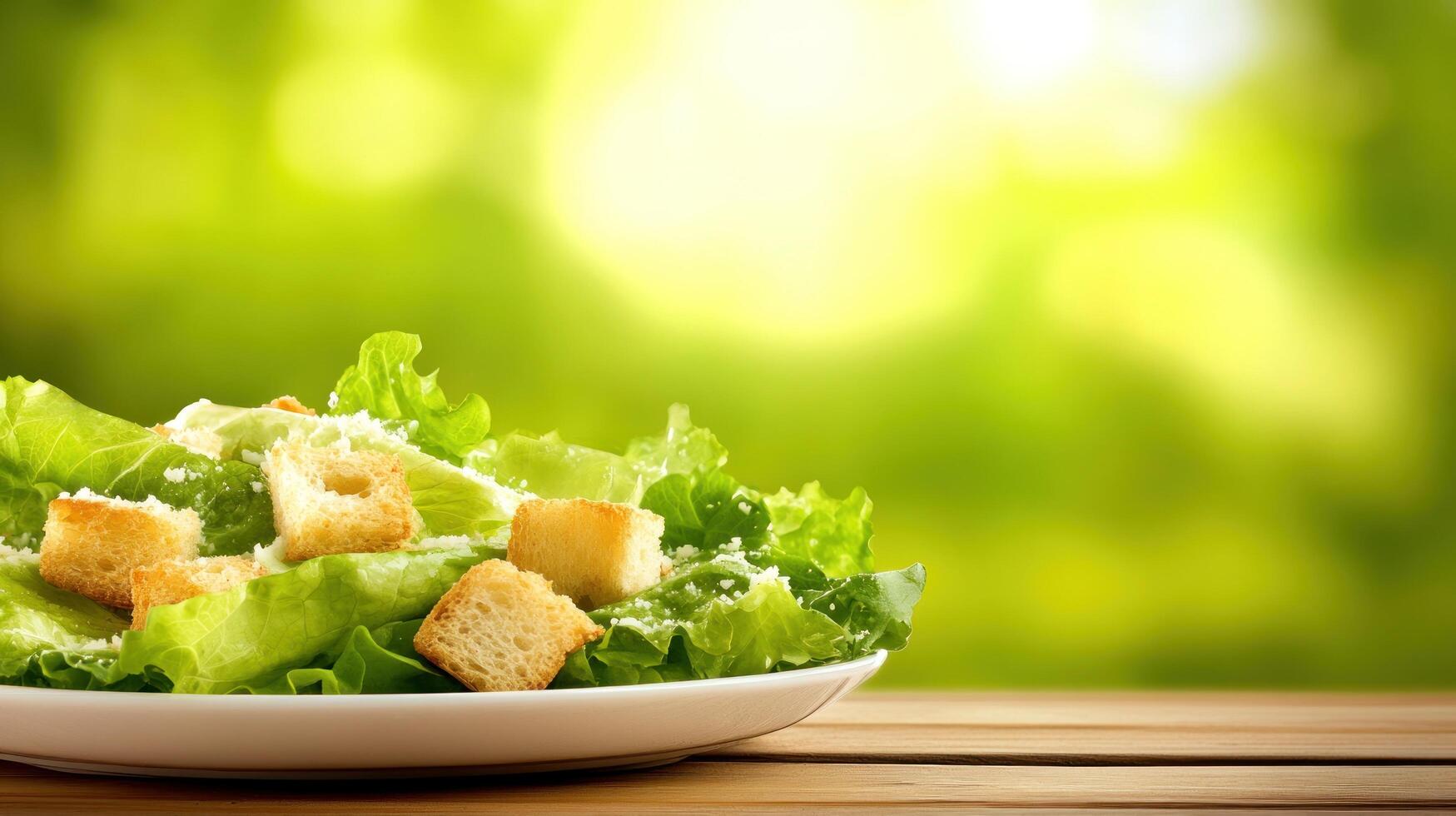 Fresh Caesar salad on the table, against green nature background. Healthy eating concept photo