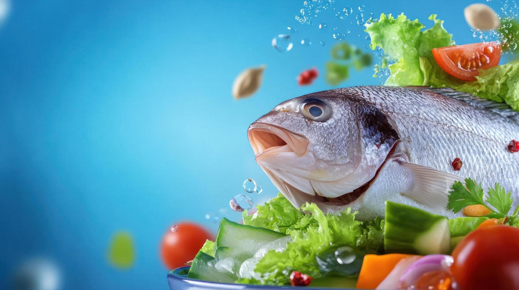 Fresh fish surrounded by vegetables and water bubbles, preparing for cooking meal photo