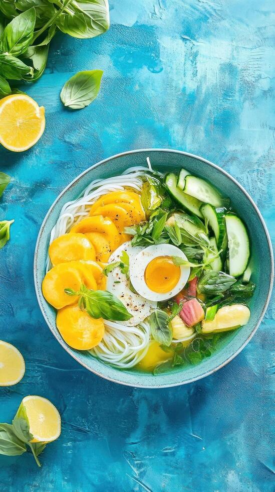Fresh noodle soup with egg, yellow fruits vegetables on the table, for healthy eating concept photo