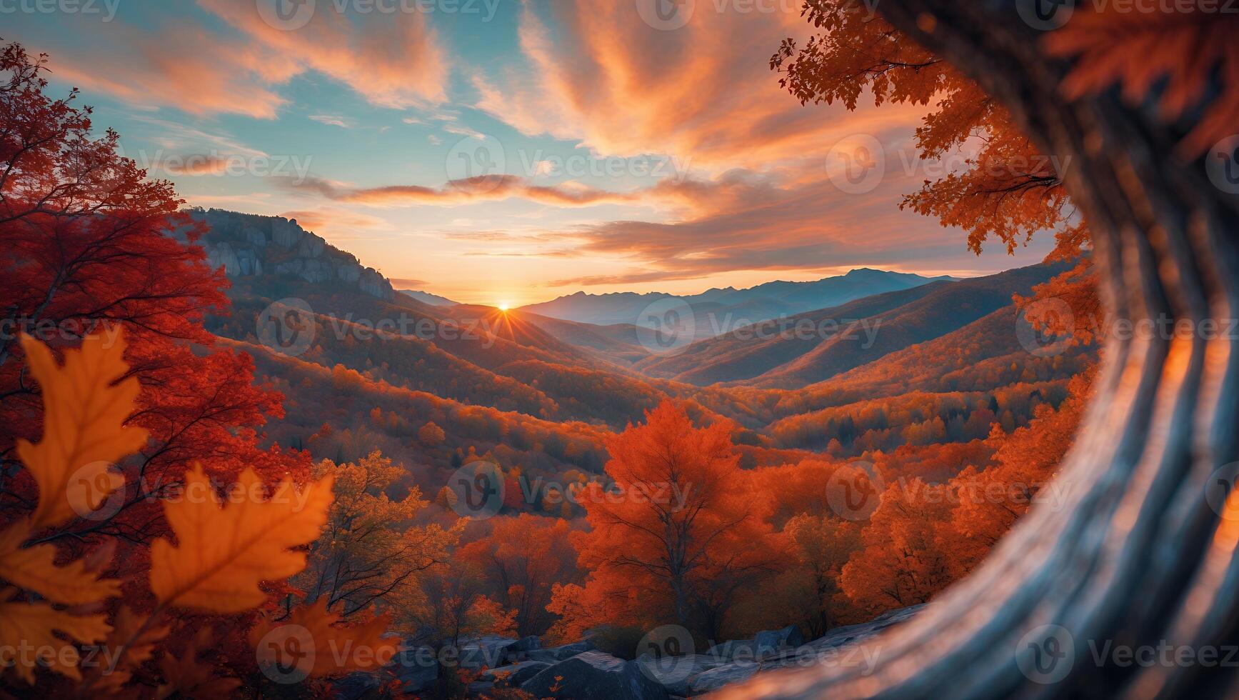 Scenic Autumn Mountain Range at Sunset with Vibrant Foliage Colors photo