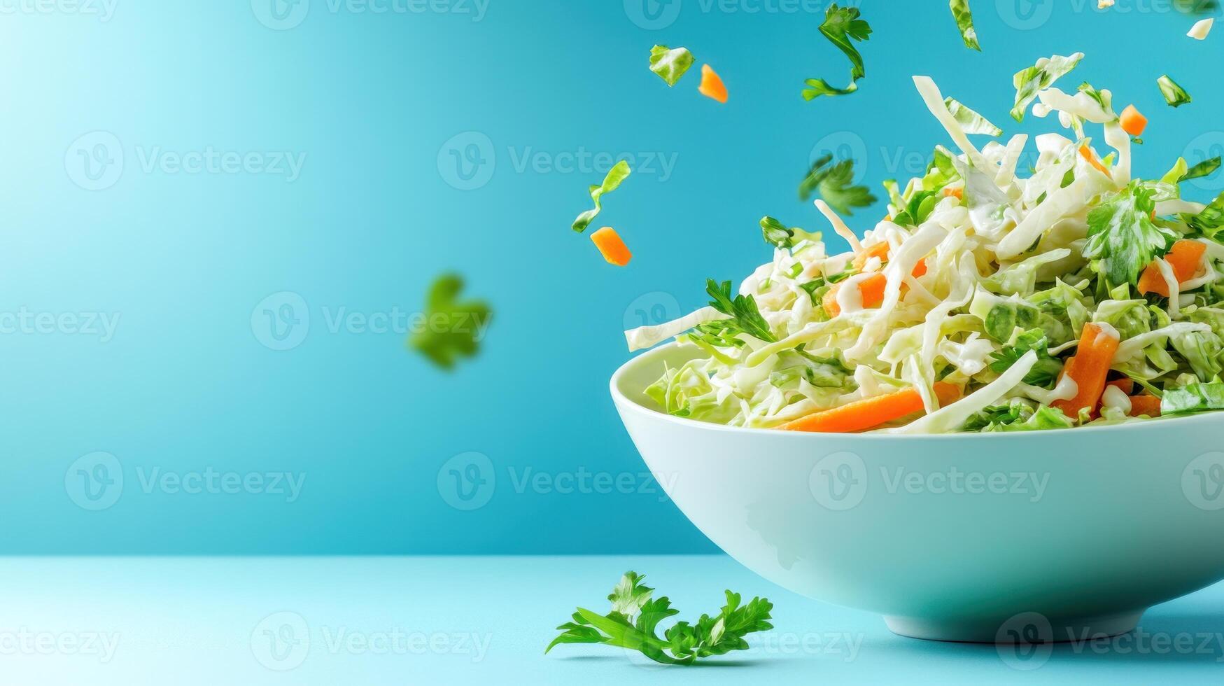 Fresh salad with carrots and parsley falling into bowl. Cooking meal, healthy food photo
