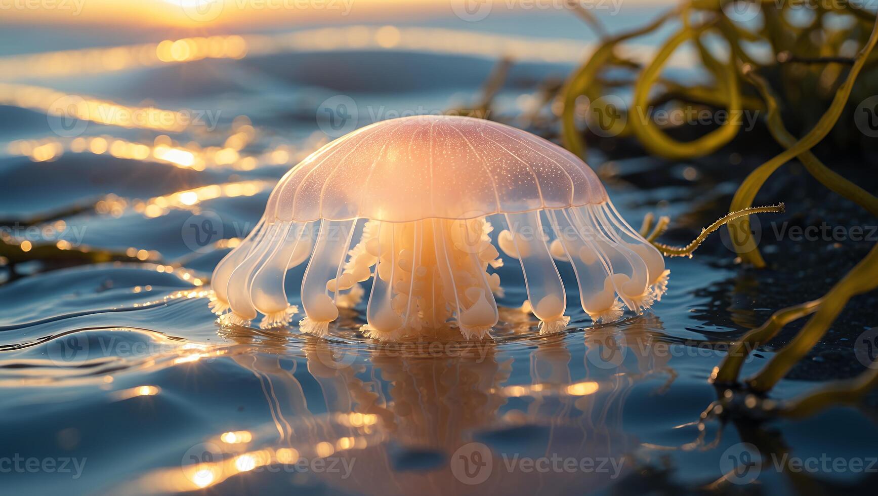 Jellyfish Floating in Ocean at Sunset with Seaweed on Sand photo