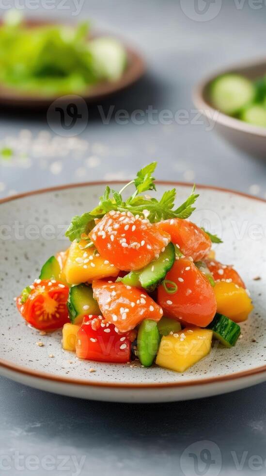 Fresh salad with salmon, mango, tomatoes, and cucumber. Healthy eating recipe use photo