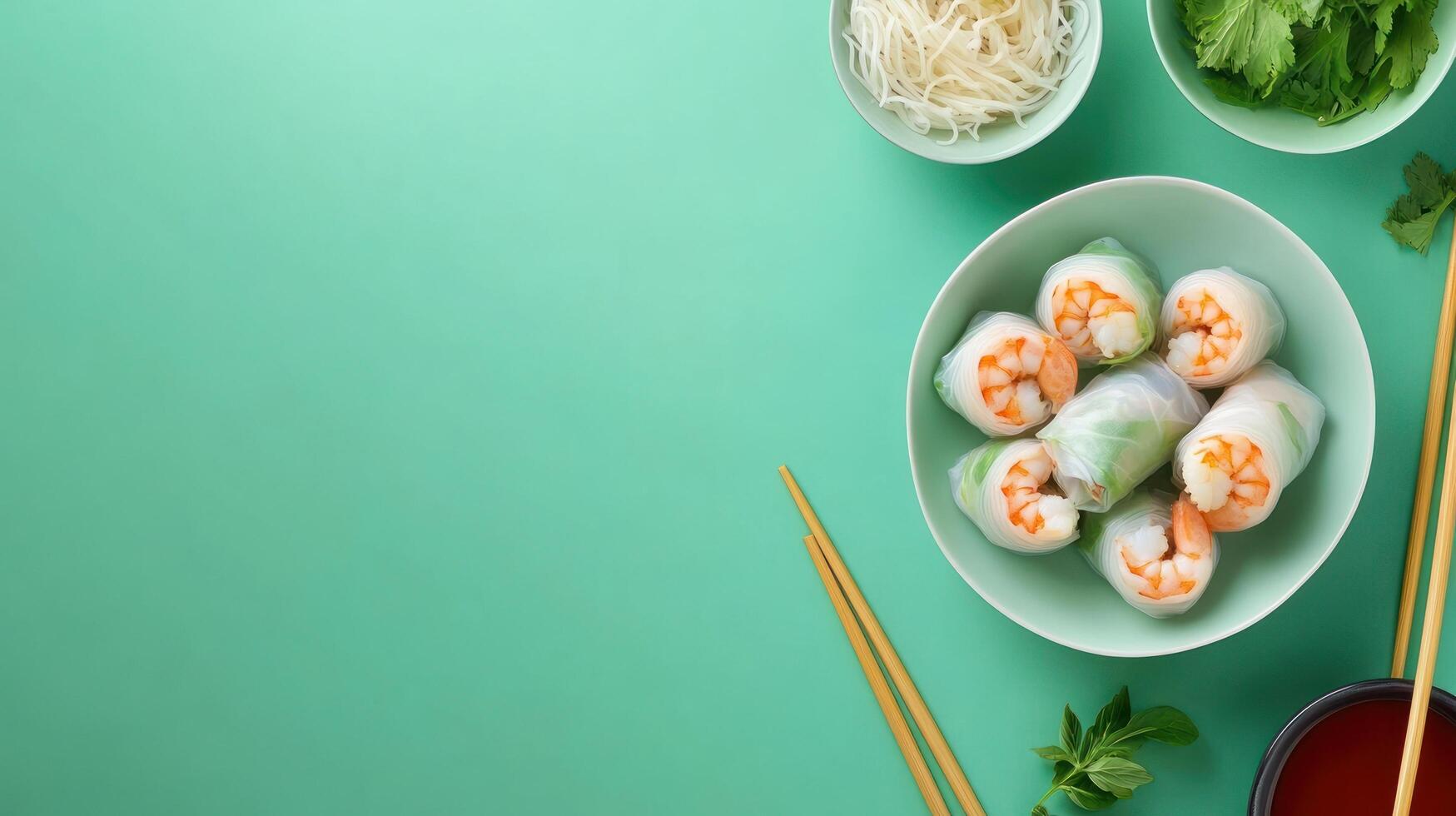 Fresh spring rolls with shrimp, noodles herbs on green table. Healthy snack for diet photo
