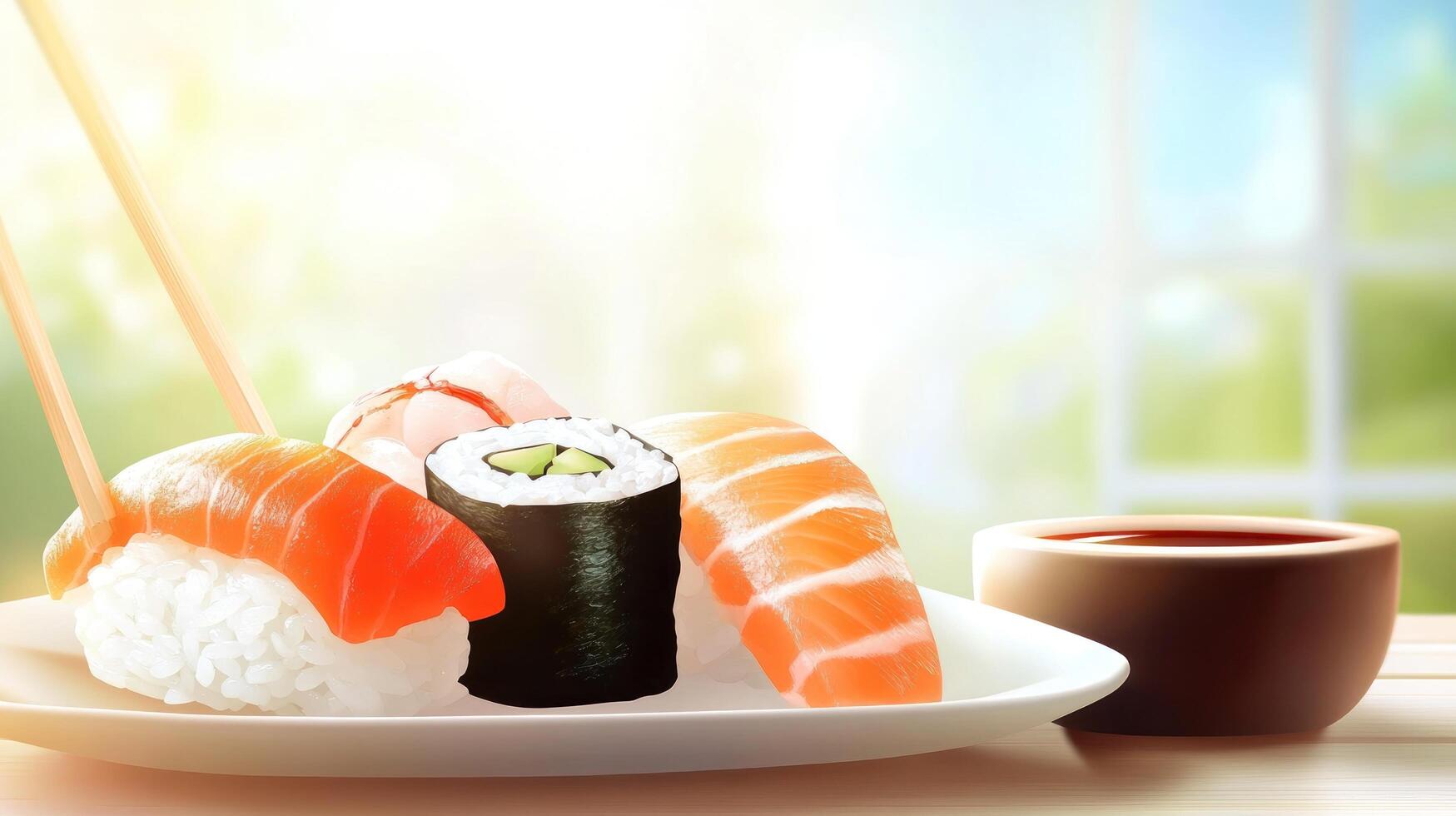 Fresh sushi nigiri with salmon on a plate, soy sauce dip, window with trees in the background photo