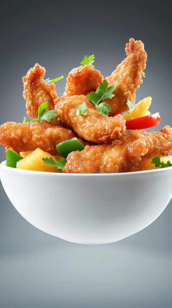 Fried chicken bites with parsley and peppers in a bowl, gray background. Food photography photo