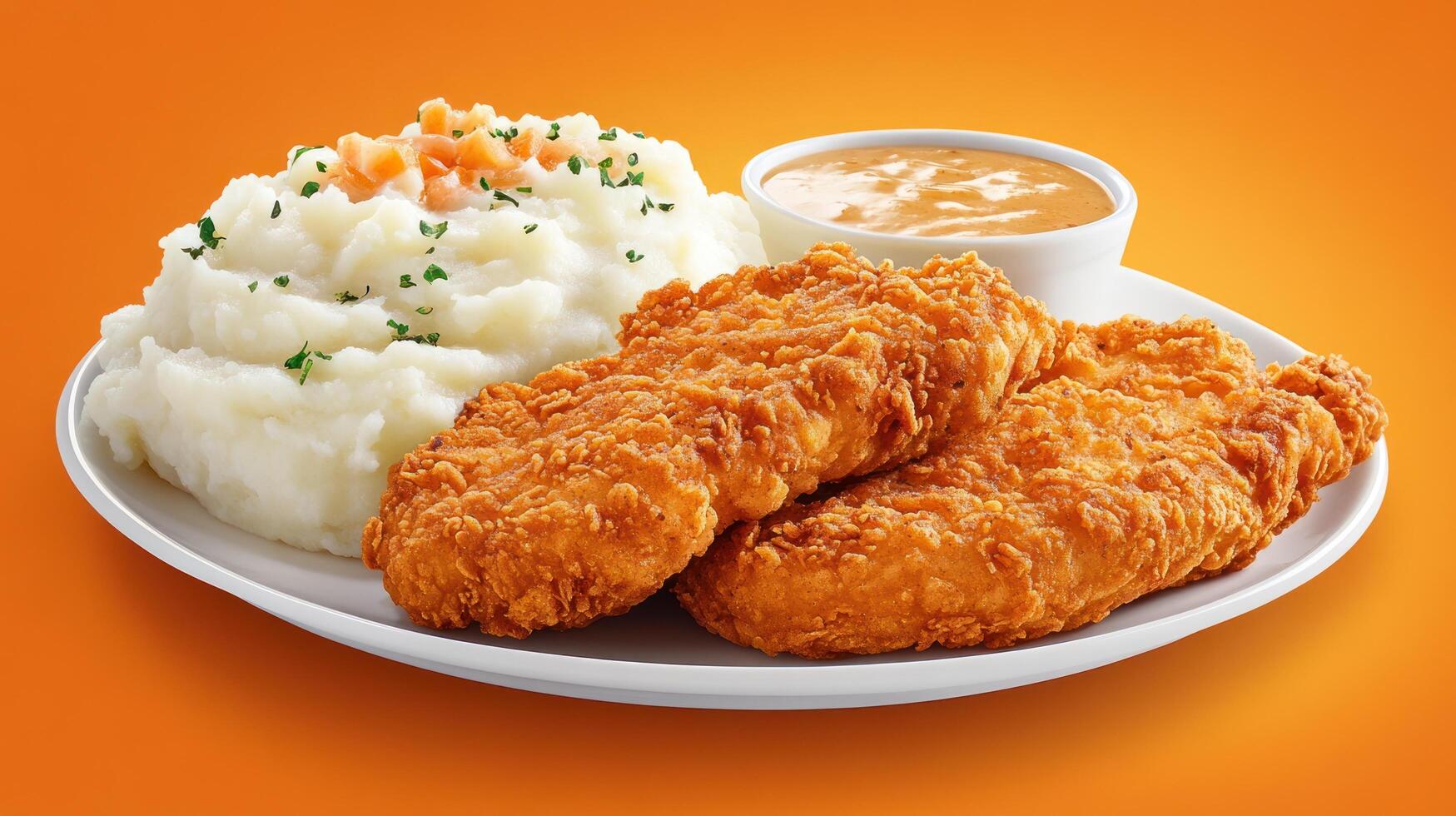 Fried chicken with mashed potatoes and gravy, served on a plate on orange background photo
