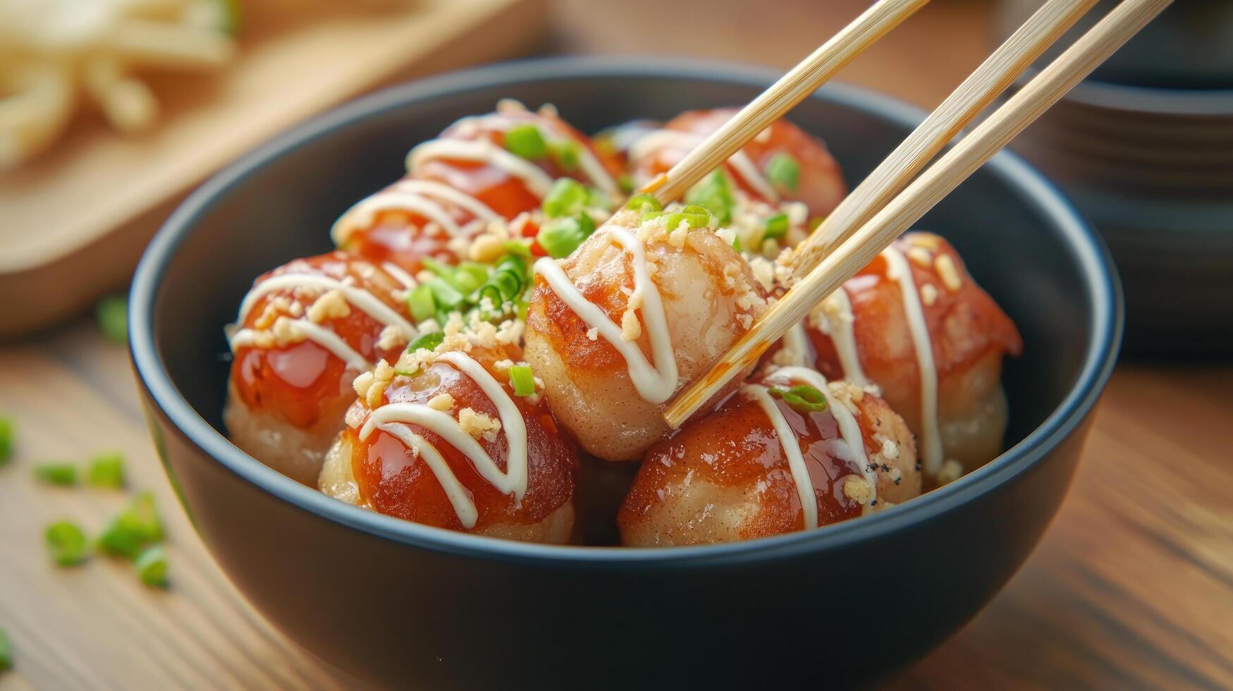 Fried dumplings are picked up with chopsticks in a restaurant. Food serving scene photo
