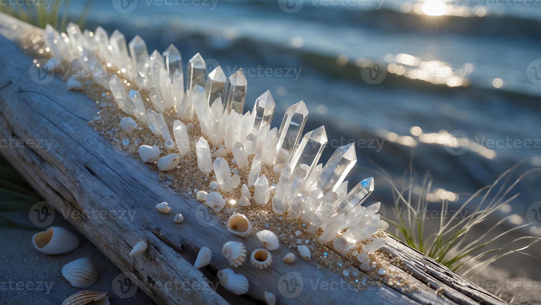 Crystals and Seashells on Weathered Log at Beach Against Sparkling Water photo