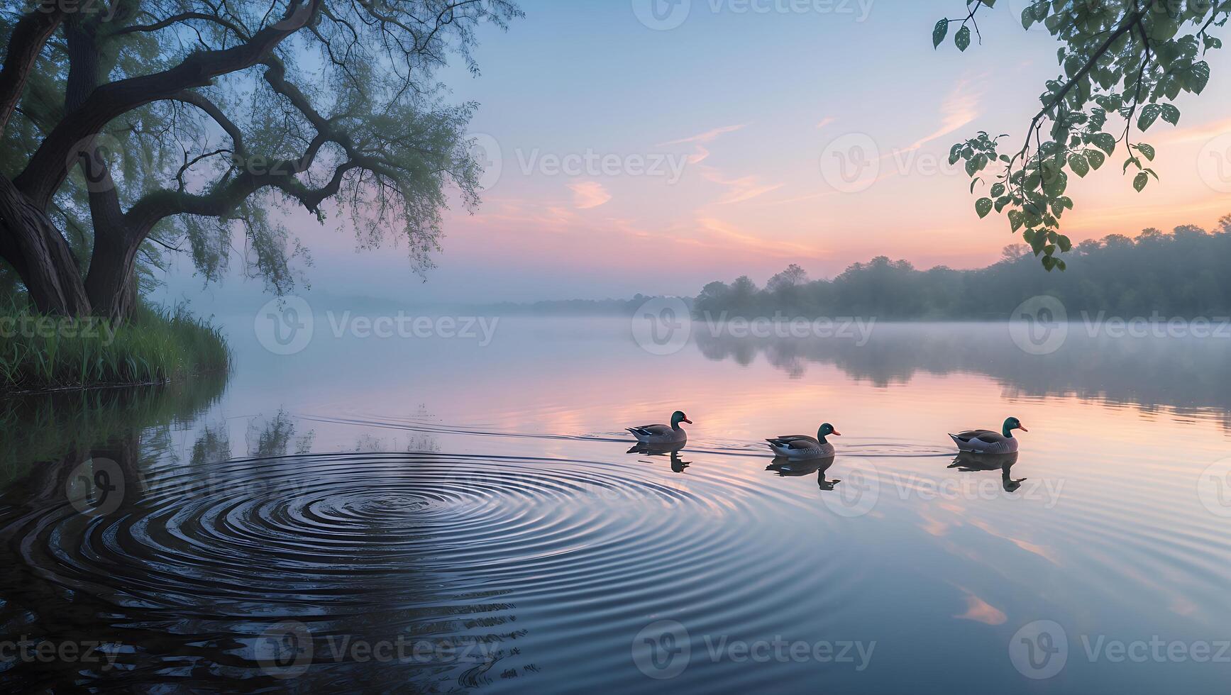 Ducks Swimming on Calm Lake at Sunrise with Foggy Background photo