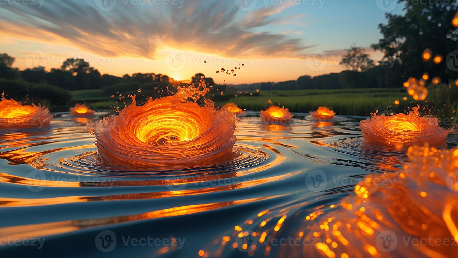 Glowing Water Vortexes in Lake During Sunset with Dreamy Sky photo