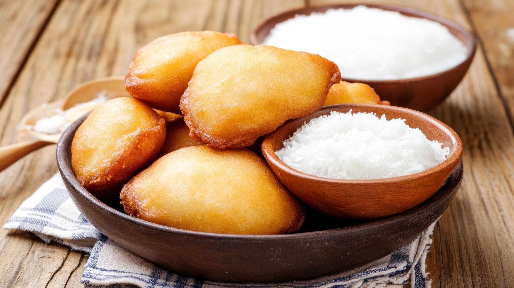 Golden fried dough in bowl, granulated sugar topping. Food photography for recipe site photo